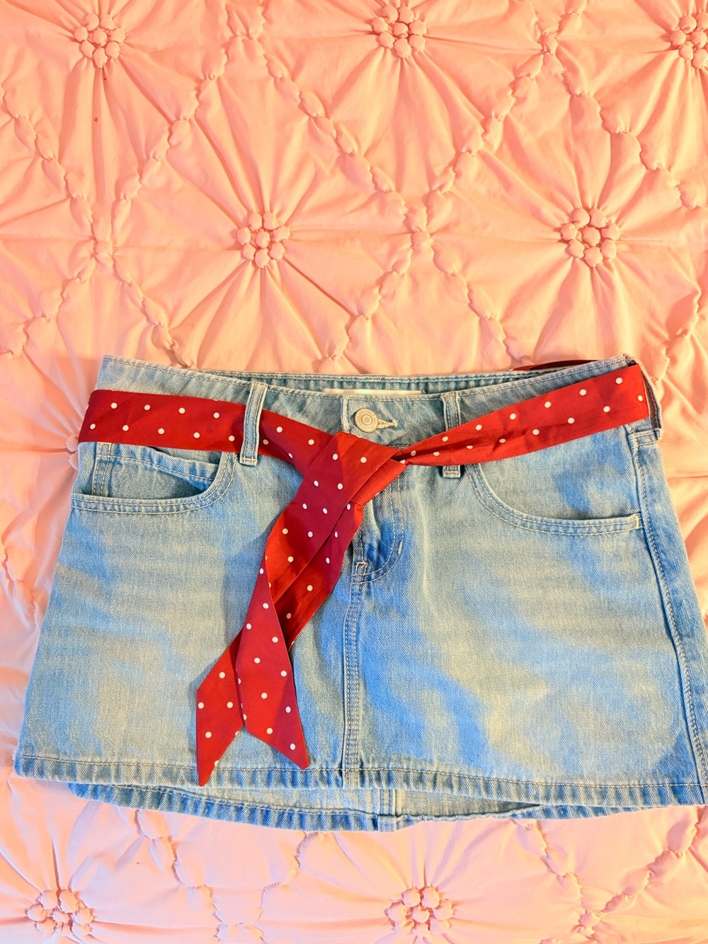 Hollister Light Wash Denim Mini Skirt with Removable Red Polka Dot Scarf Belt